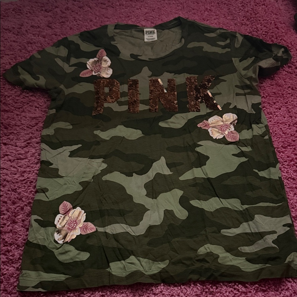 PINK Victoria's Secret Olive Camo Tee with Rose Gold Sequin Logo